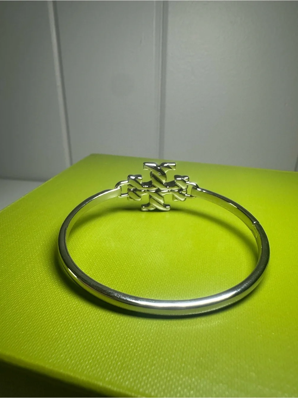 Tory Burch Silver Textured Rope Logo Hinged Cuff Bracelet